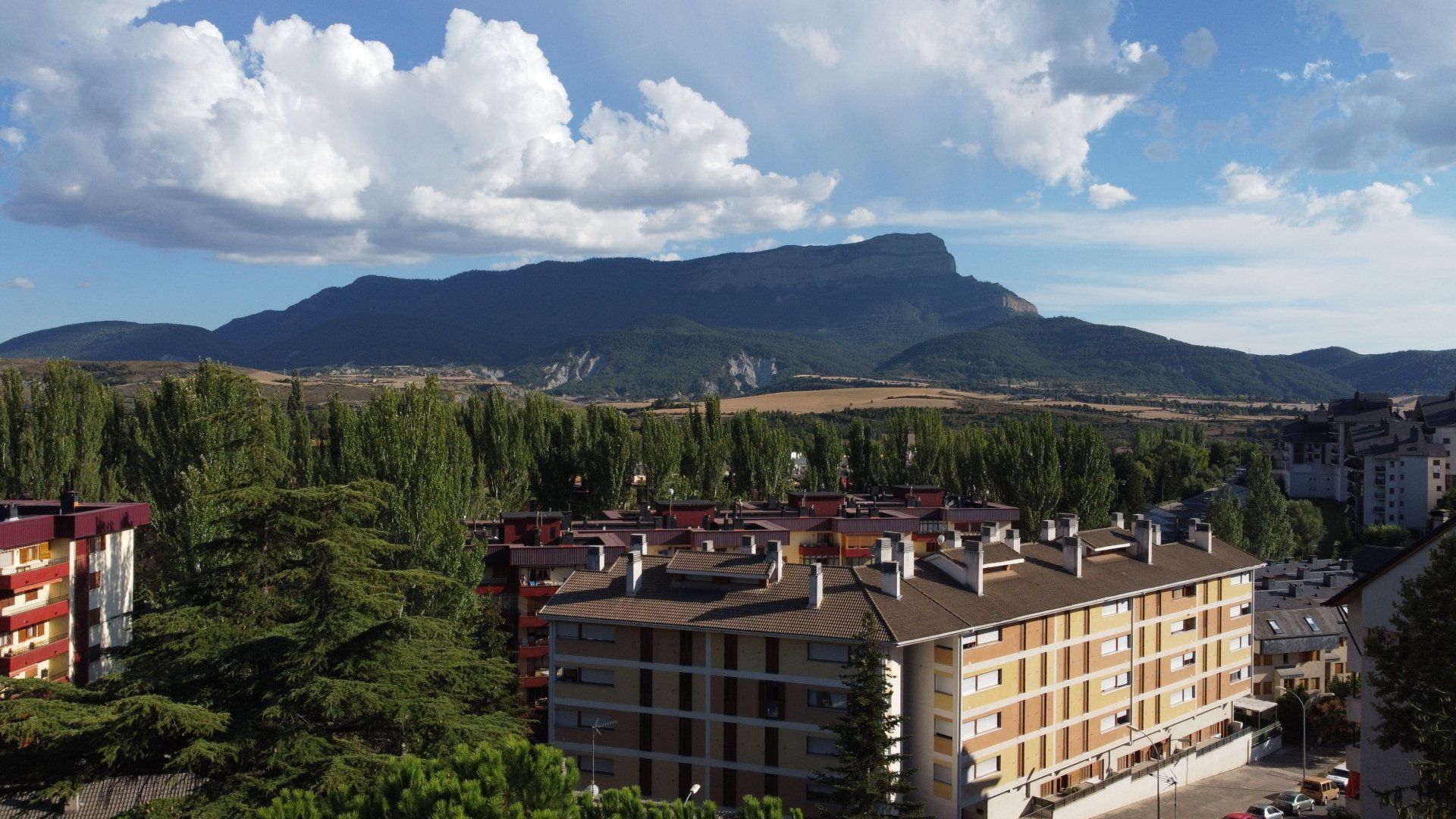 Cordillera sobre una ciudad; edificios en primer plano, cielo azul y árboles.