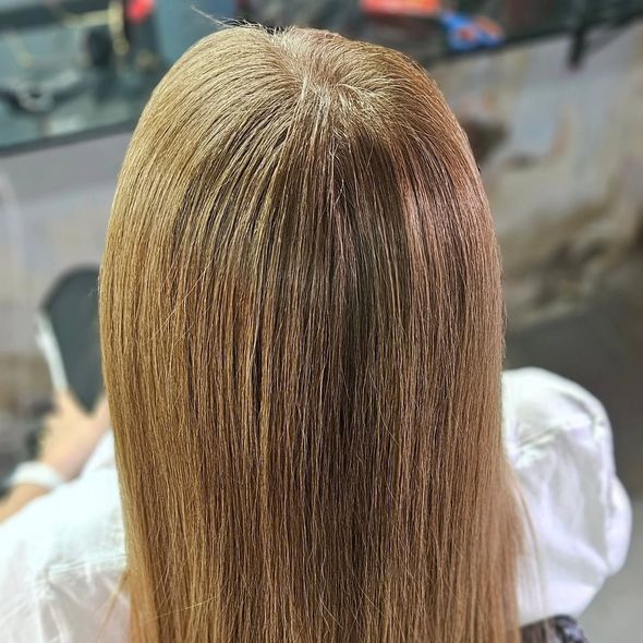 Primer plano de cabello castaño dorado, peinado en secciones delgadas y rectas.