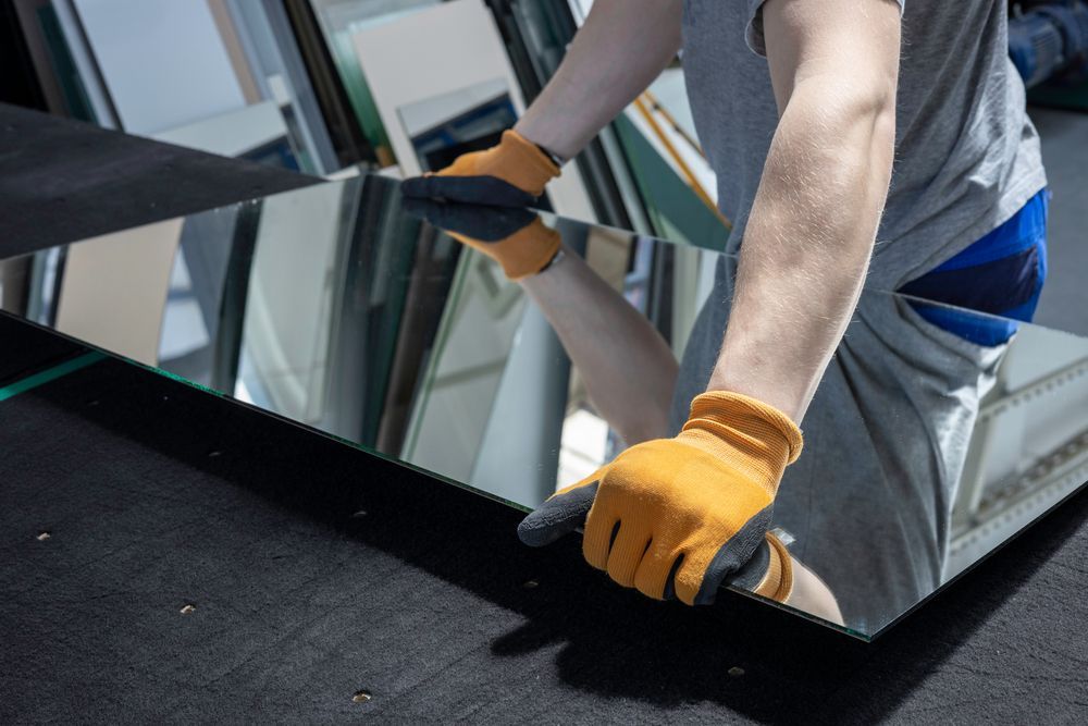 Person wearing gloves handling a large mirror on a dark surface.