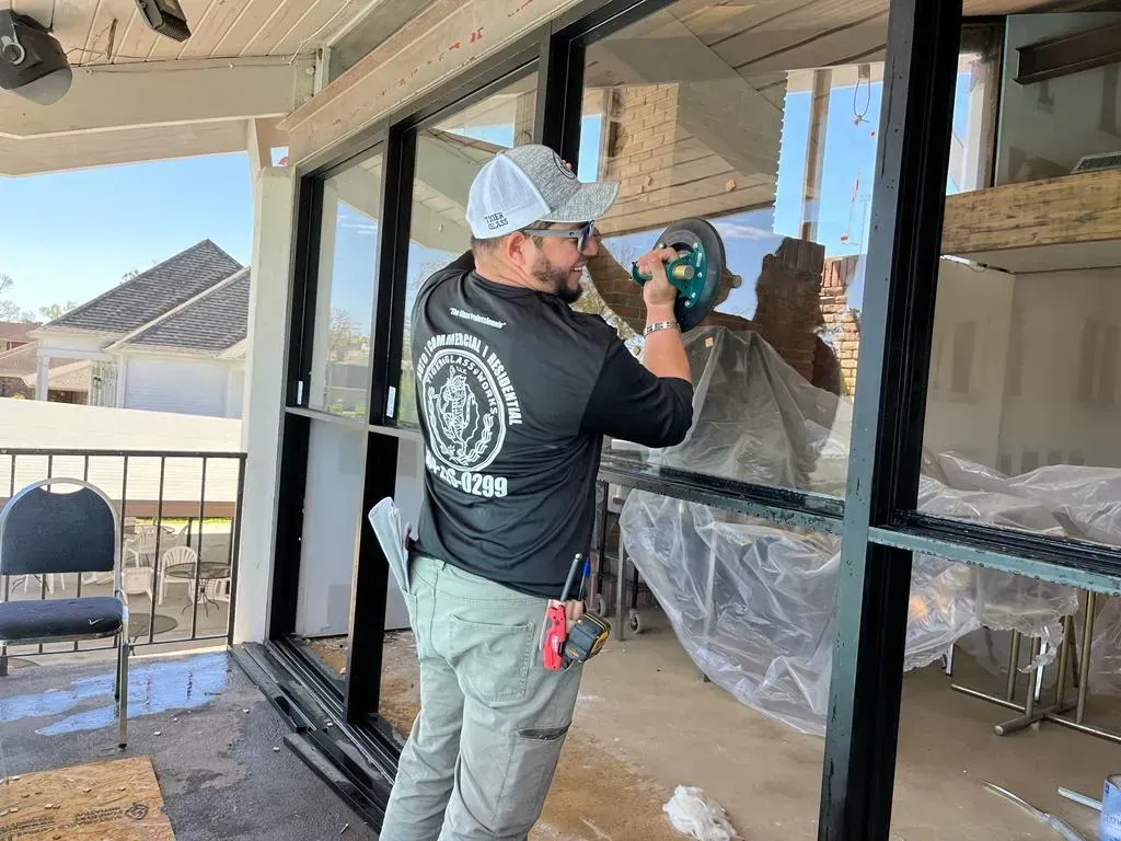 Man installing window in a building. He is wearing a hat and using tools. Outdoor setting.