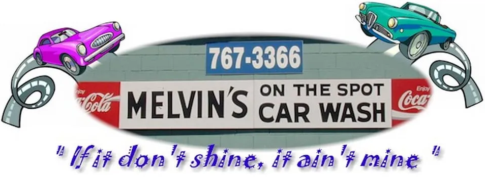 Melvin's On The Spot Car Wash logo with vintage cars, phone number, and a Coca-Cola sign.
