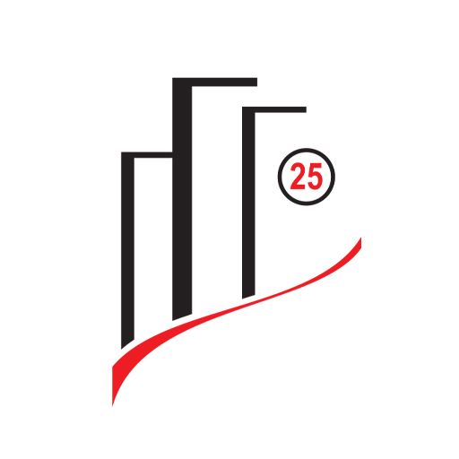 Logo: black skyscraper icons, red curved line, encircled 