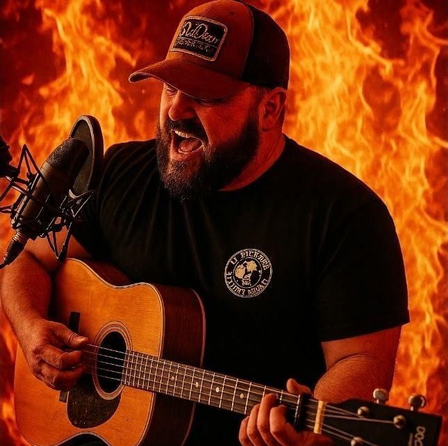 Man with guitar singing into a microphone, flames in the background. He wears a hat and black t-shirt.