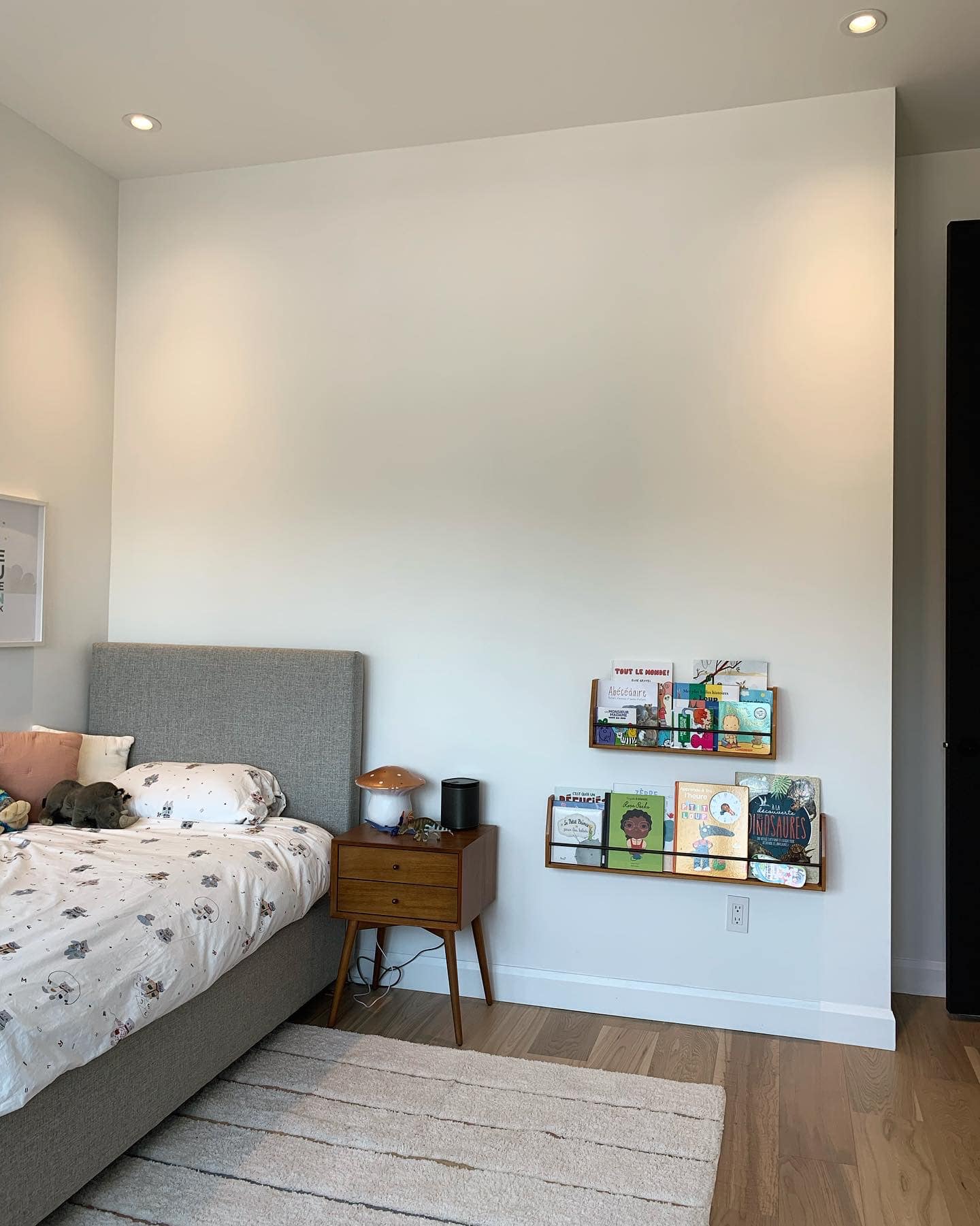 Une chambre avec un lit, une table de chevet, des étagères et un tapis.