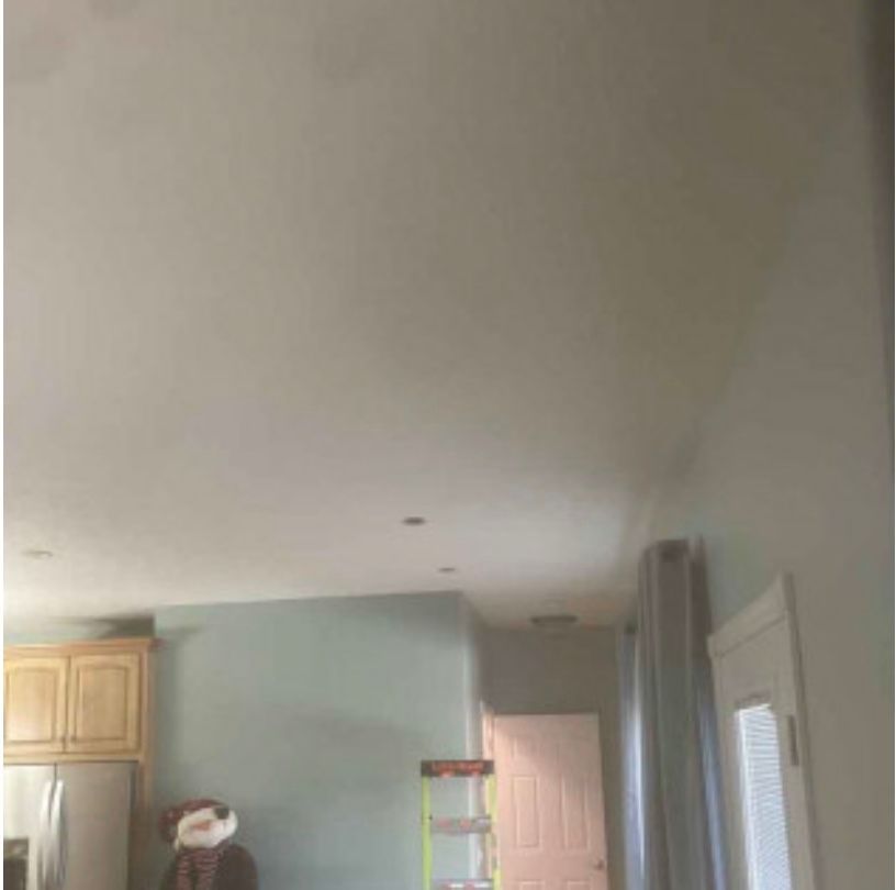 A man is standing in a living room next to a ladder.