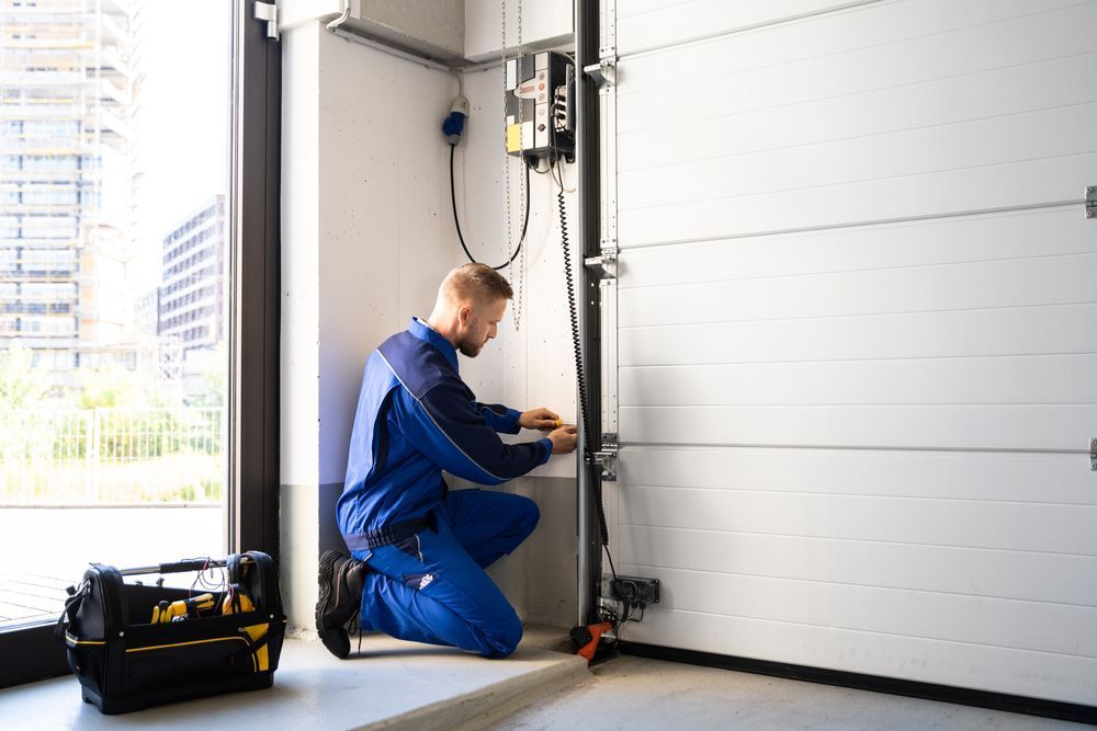 A man is kneeling down in a garage working on a garage door.