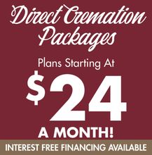 A sign that says direct cremation packages plans starting at $ 24 a month