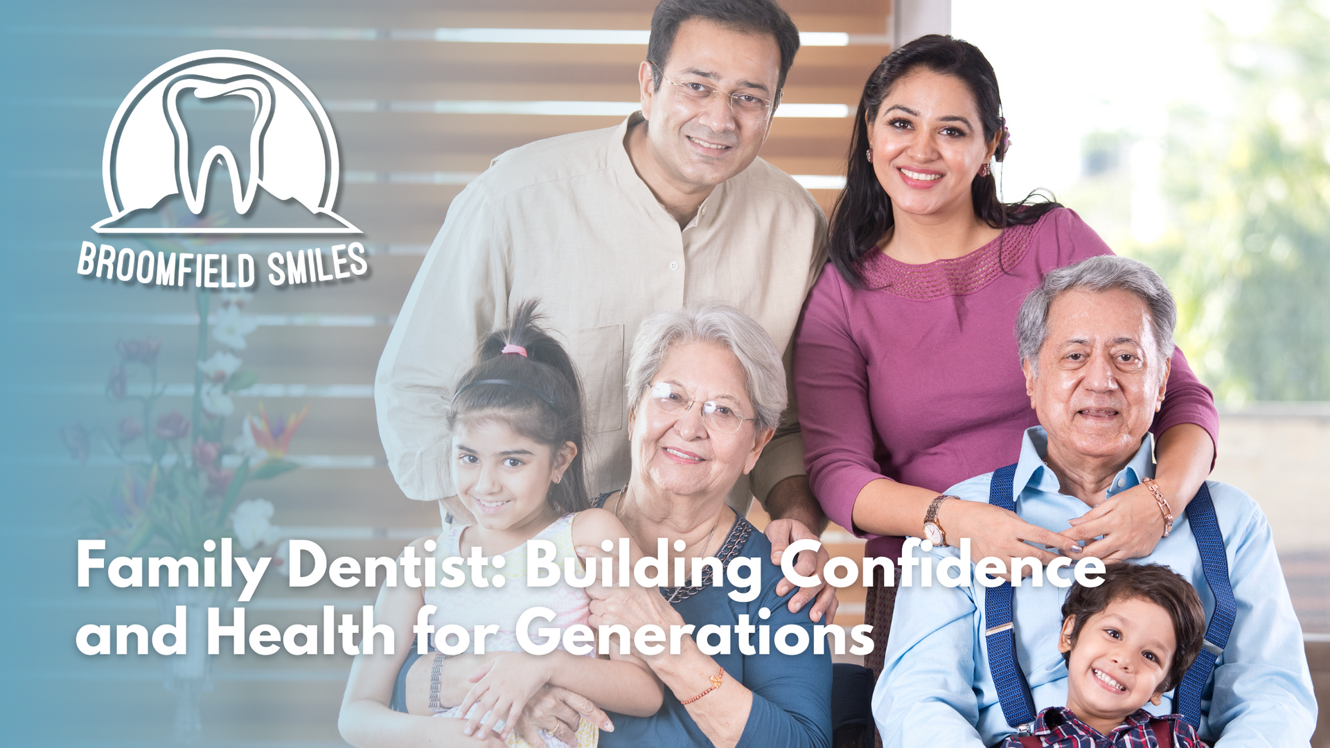 Family smiling group: two children, parents, and grandparents. Text: 