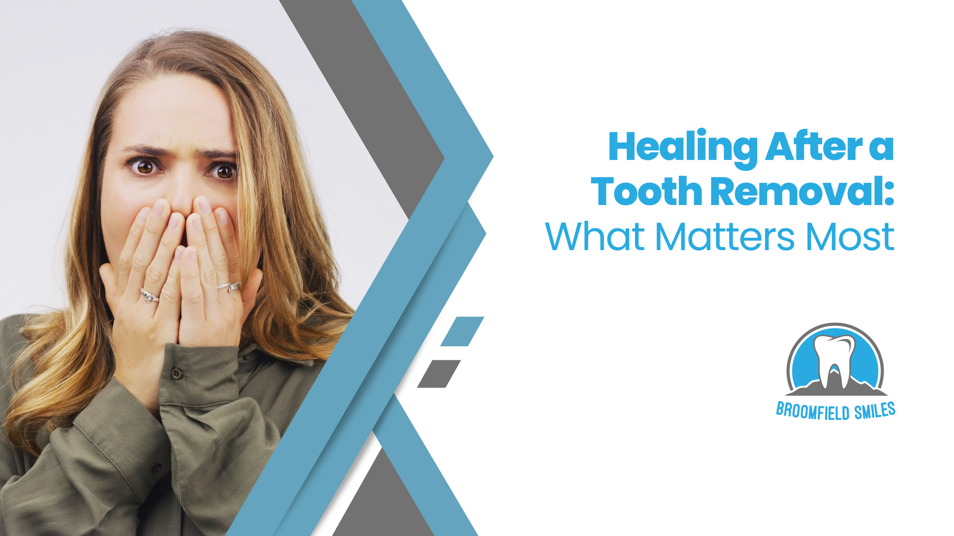 A woman is covering her mouth with her hands after a tooth removal.