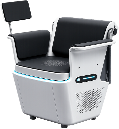 Modern white and black chair with digital controls, armrests, and a small headrest screen