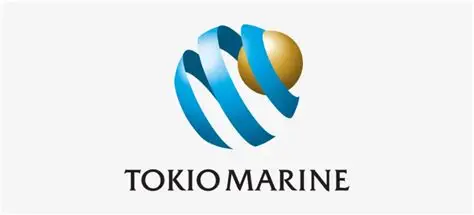 Tokio Marine logo with blue ribbon swirling around a golden sphere, "Tokio Marine" text below.