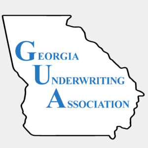 Logo for Georgia Underwriting Association. Blue text on a white outline of Georgia.