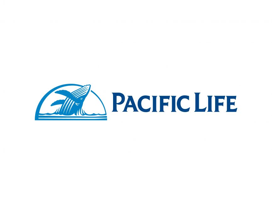 Pacific Life logo with a blue whale breaching from the ocean under an arch, "PACIFIC LIFE" text.