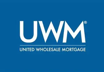 UWM logo: White "UWM" over "UNITED WHOLESALE MORTGAGE" on a blue background.