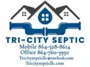 Logo for Tri-City Septic: houses, plumbing pipes, and water droplet, with contact info.