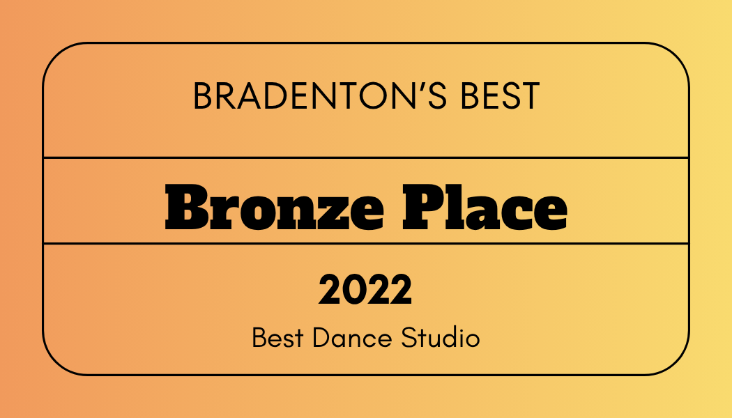 A black and white badge that says bradenton 's best bronze place 2022 best dance studio.