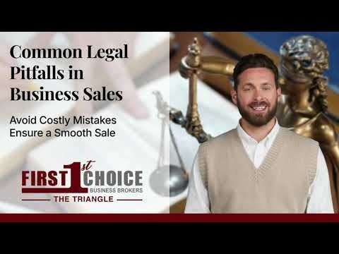Man in vest discusses legal pitfalls in business sales; scales of justice in background; title: 