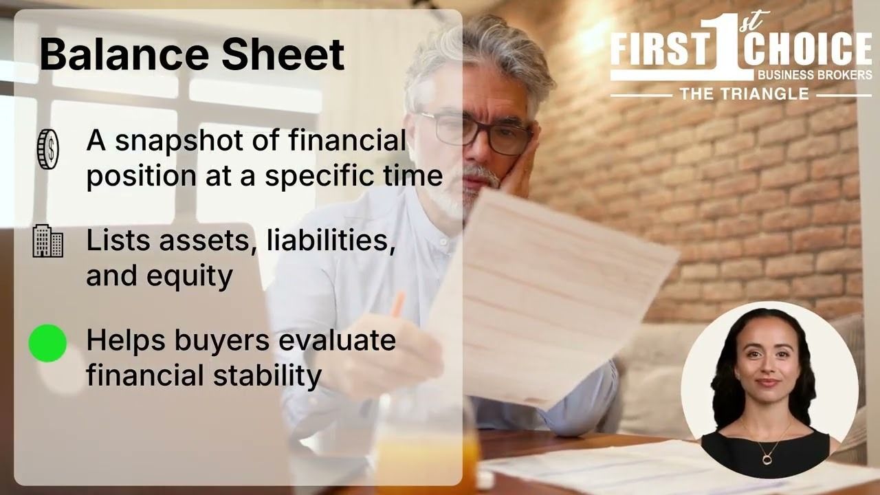 Diagram illustrating a balance sheet with text, and a person reviewing financial documents. A woman's portrait is in the corner.