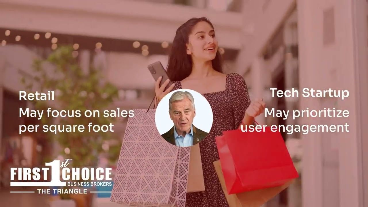 Woman shopping, with text comparing retail (sales per square foot) and tech startups (user engagement).