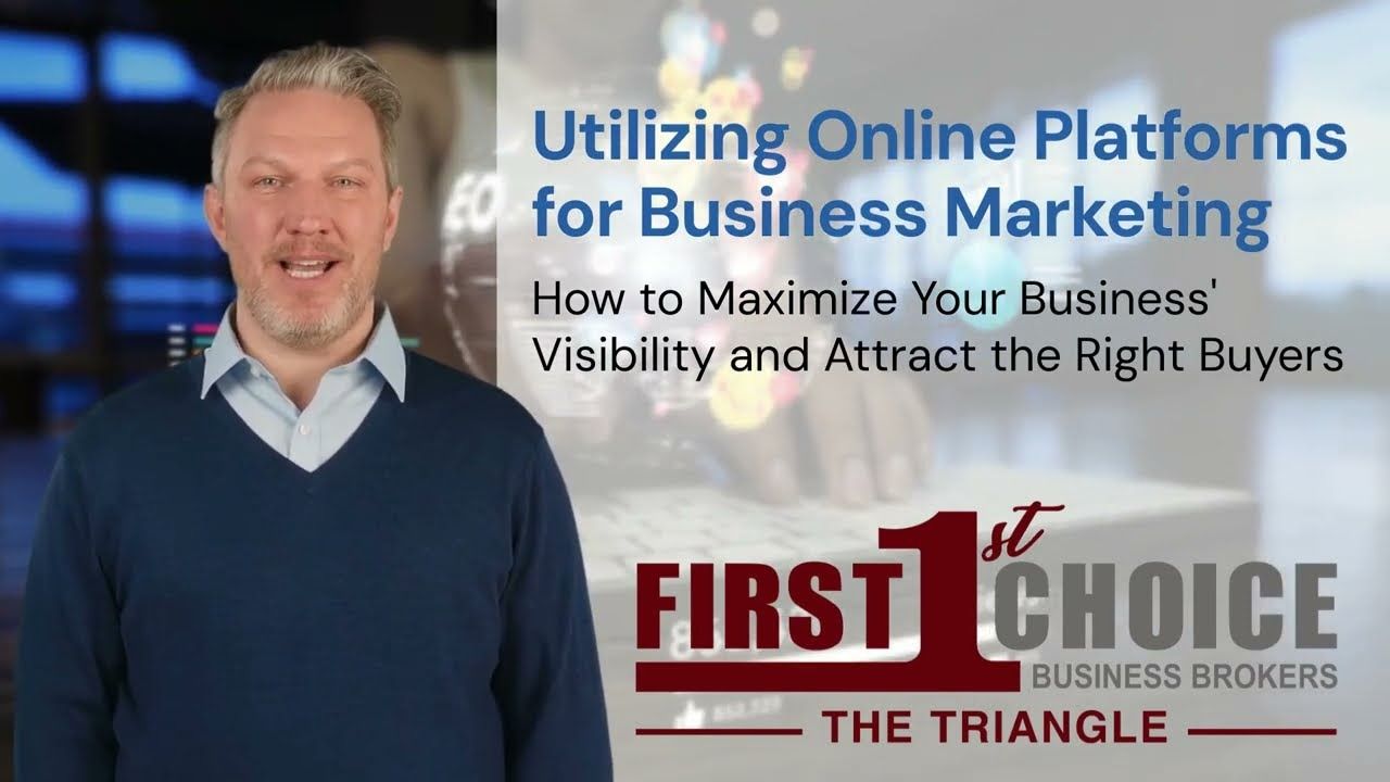 Man in blue sweater promoting business marketing. Text: 