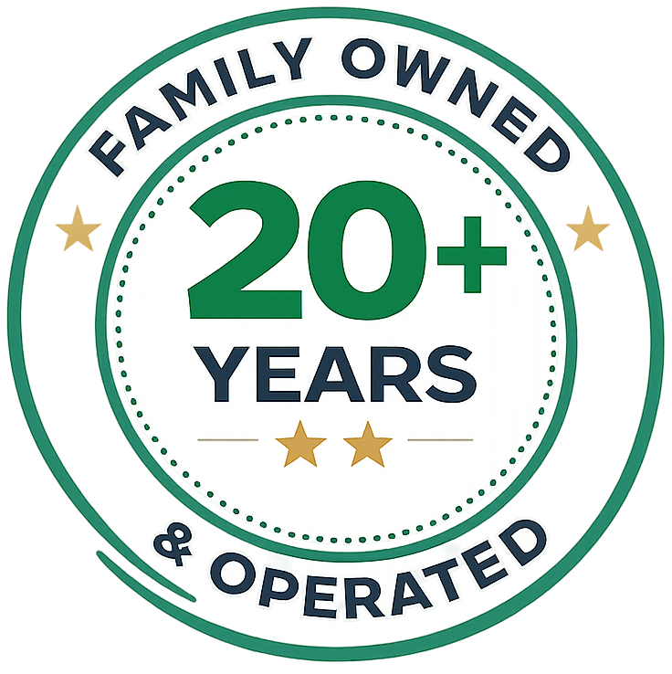 Green circular badge reading “Family Owned & Operated” with “20+ Years” in the center and gold stars.