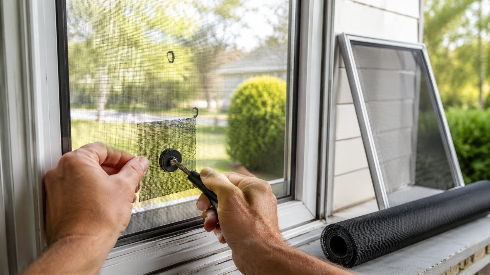 Person fixing a hole in a window screen