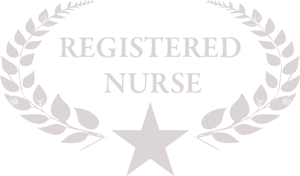 A registered nurse badge with a laurel wreath and a star.