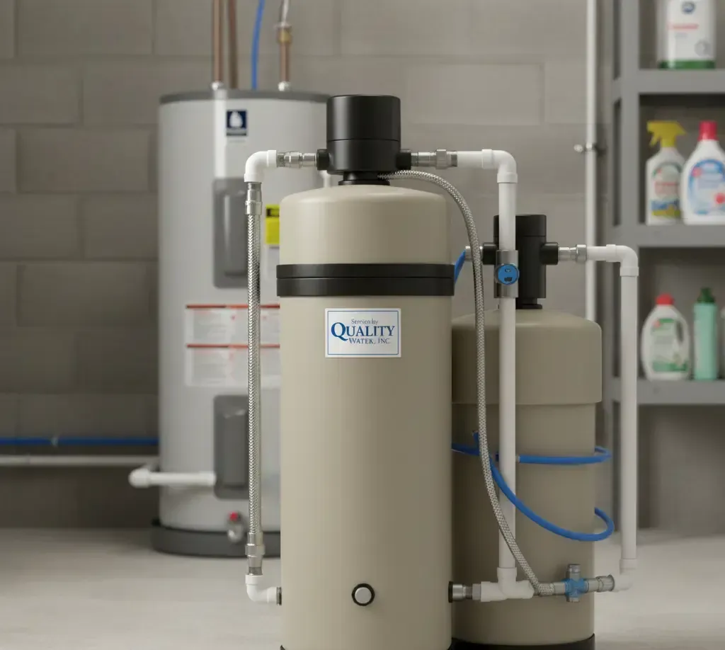 A professionally installed, modern water softener system from Quality Water, Inc. in a Stafford home, protecting pipes and appliances.