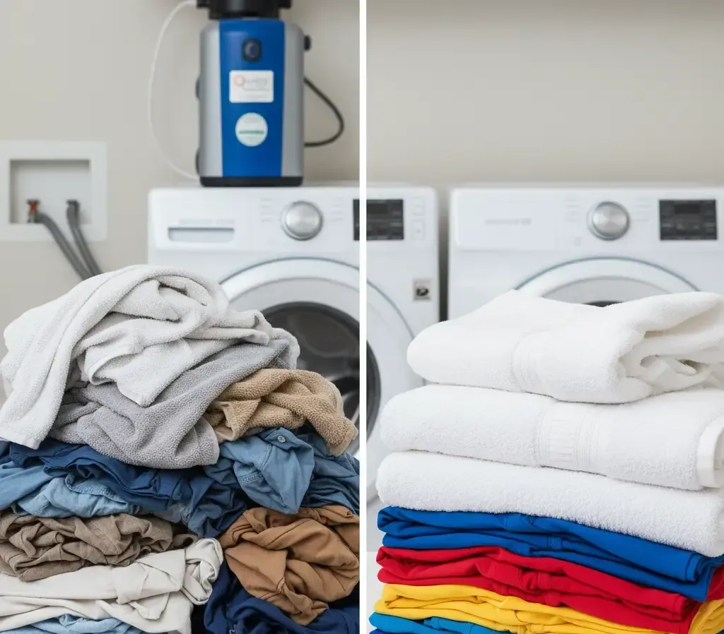 Visual comparison showing stiff, faded laundry caused by hard water versus soft, bright laundry after a water softener installation.
