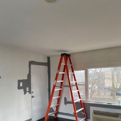 A room with an orange ladder. Door and walls are partially painted gray. Window on the right.