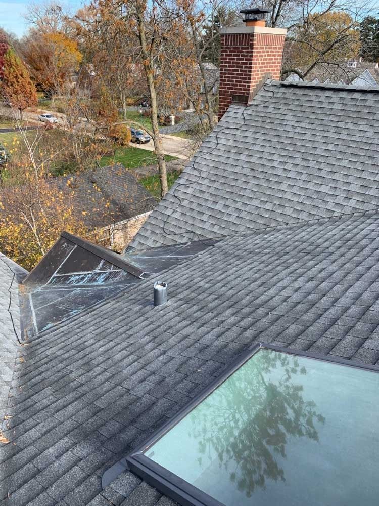 Asphalt shingle roof with a chimney and skylight. Autumn trees and neighborhood visible in the background.