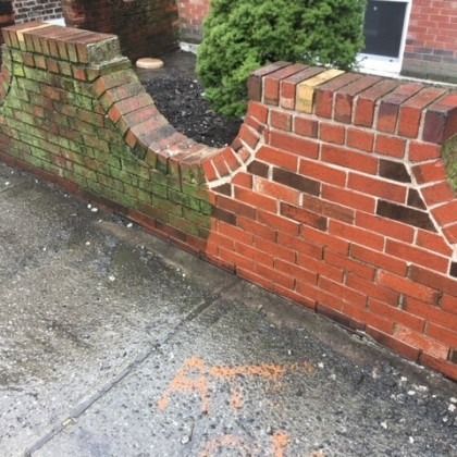 Brick wall, half cleaned, showing green algae on the left and clean red bricks on the right.