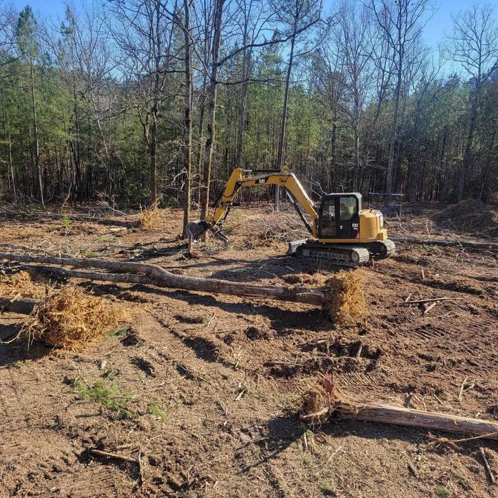 Yellow excavator clearing a wooded dirt lot with piles of brush and logs