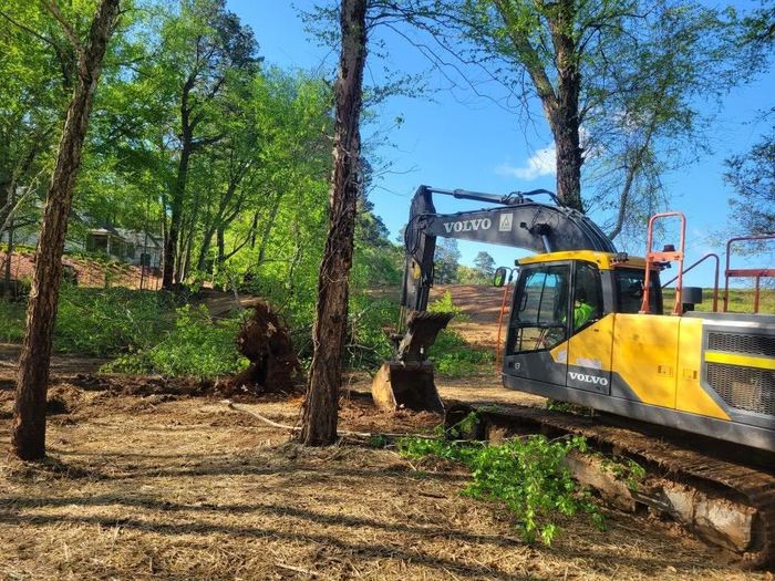 Yellow excavator clearing brush in a wooded area under a blue sky.