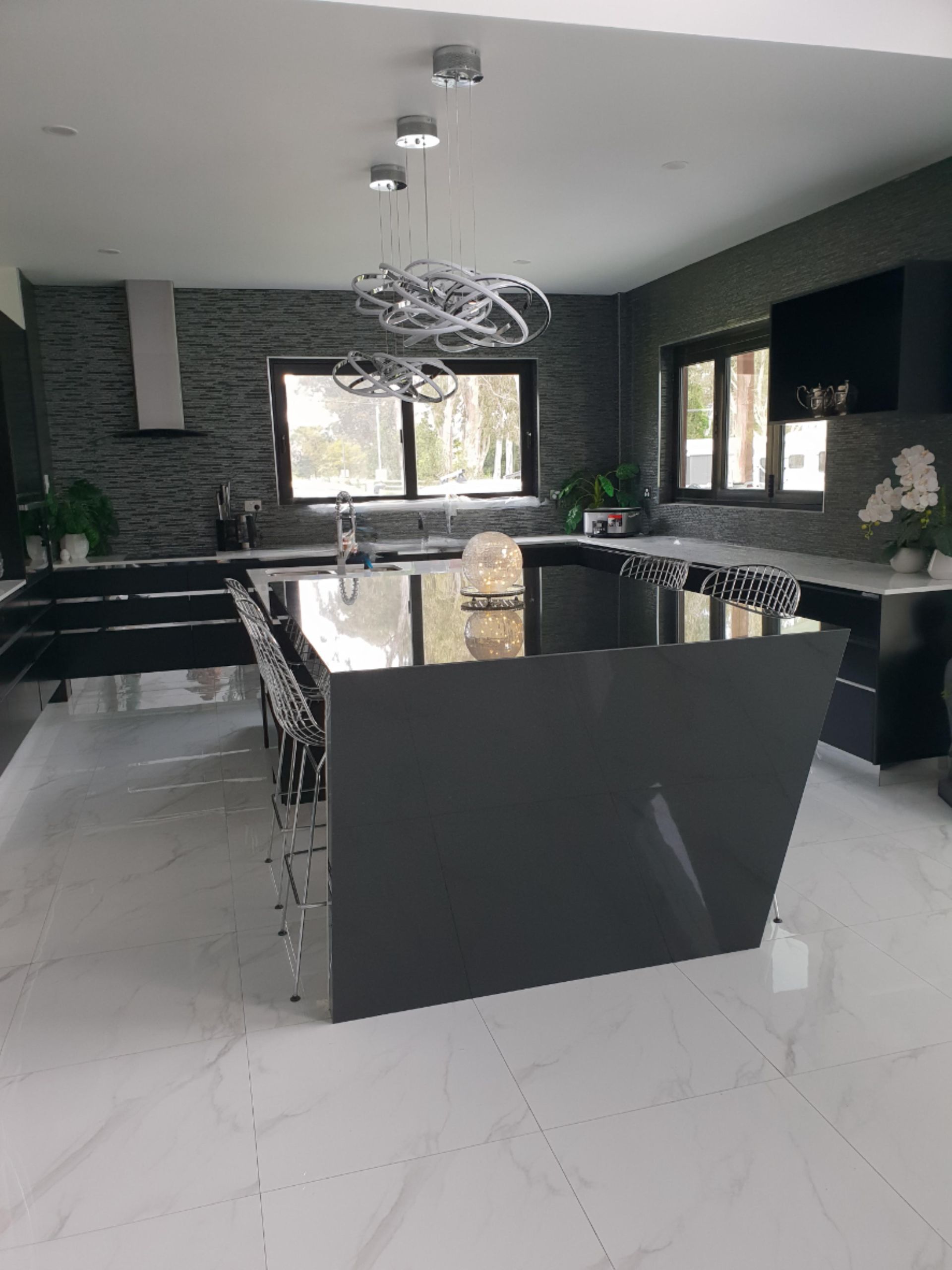 Modern Kitchen With Large Gray Island, White Marble Floors — Gateway Manufacturing in Morisset, NSW