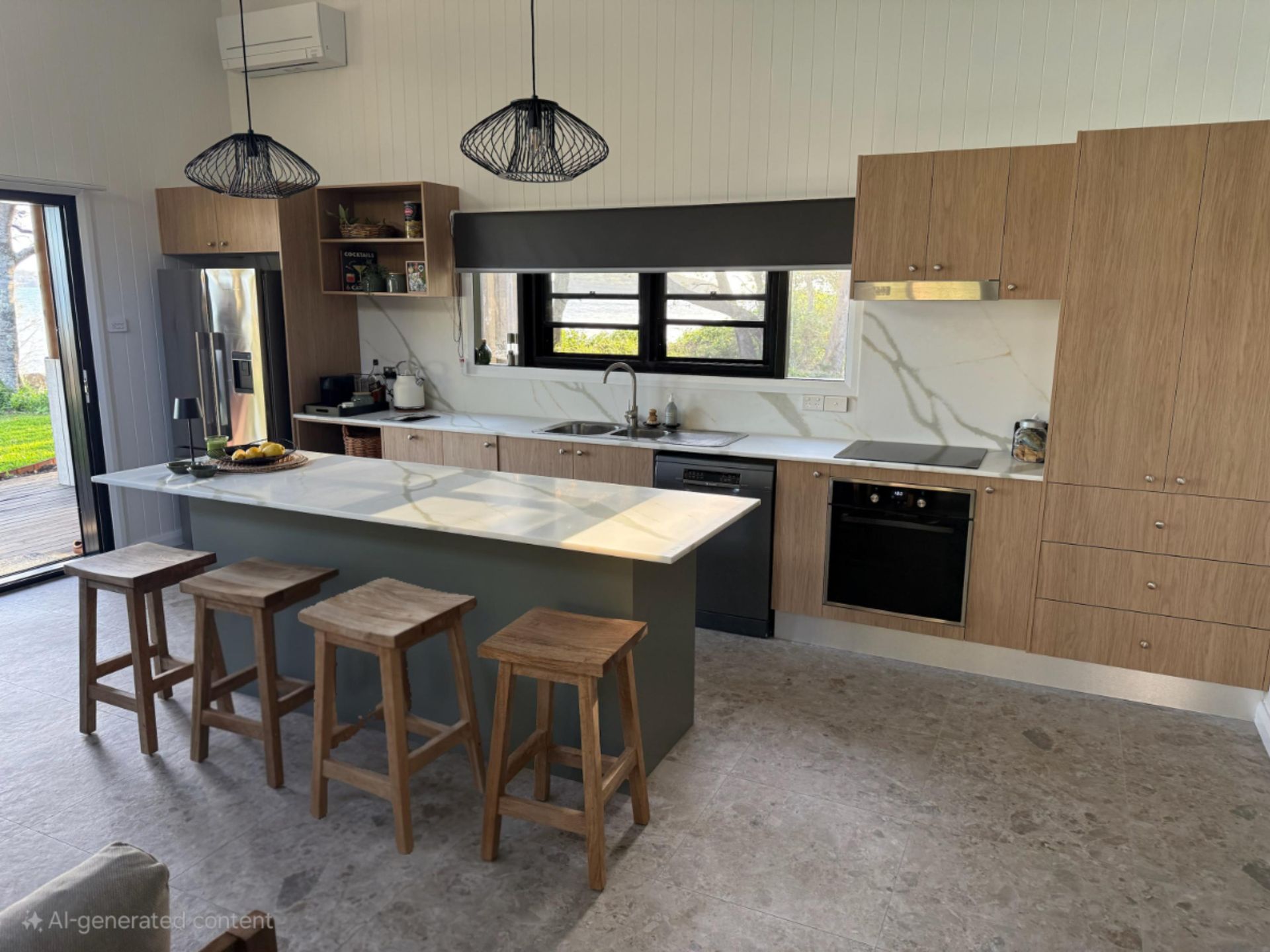 Modern Kitchen With Wooden Cabinets, Island, Stools, and Marble Countertops — Gateway Manufacturing in Morisset, NSW