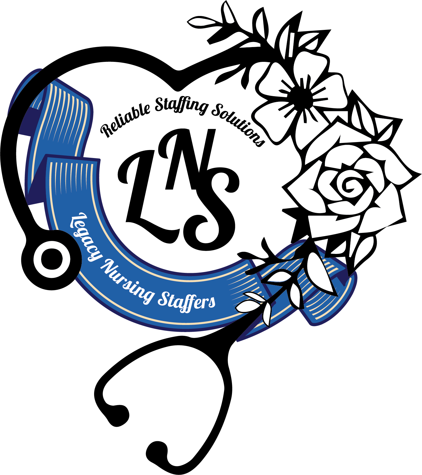 The logo for legacy nursing staffers is a heart with a stethoscope and flowers.