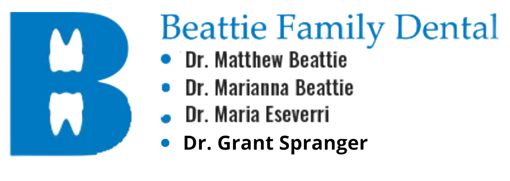 Blue logo for Beattie Family Dental, with a large blue "B" containing tooth icons, with doctors' names listed below.
