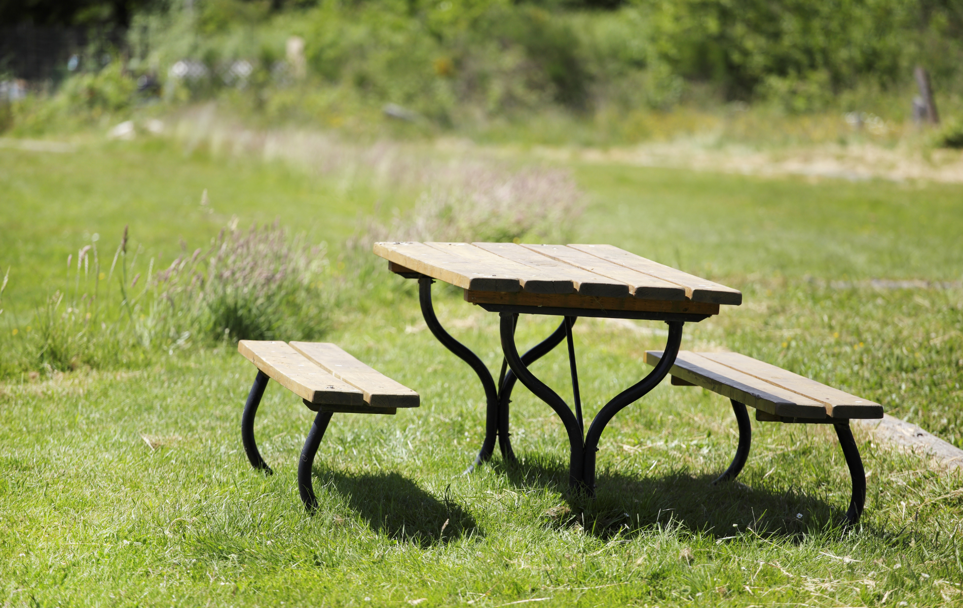 Picnic table with two attached benches in a grassy area, sunny day.