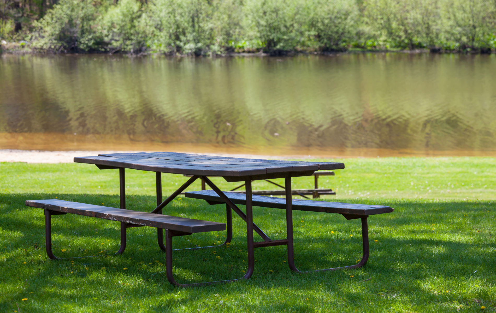 Picnic table with benches on green grass, overlooking a calm lake with reflecting trees.