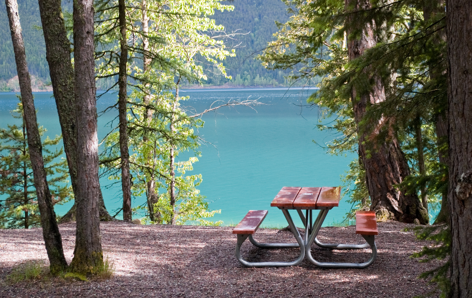 Picnic table at a lake in a forest; turquoise water, green trees, brown table and bench.