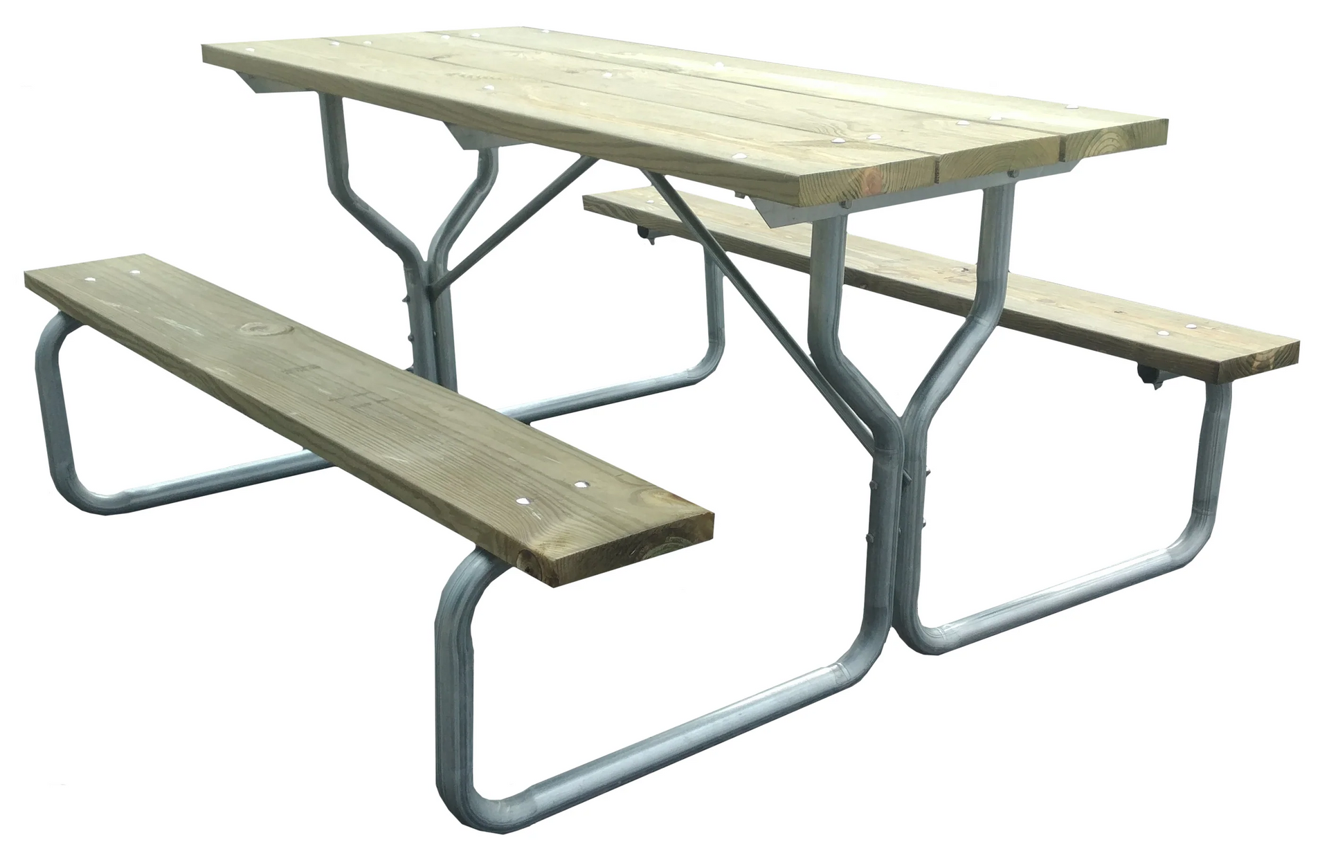 Picnic table with wooden top and benches, gray metal frame.