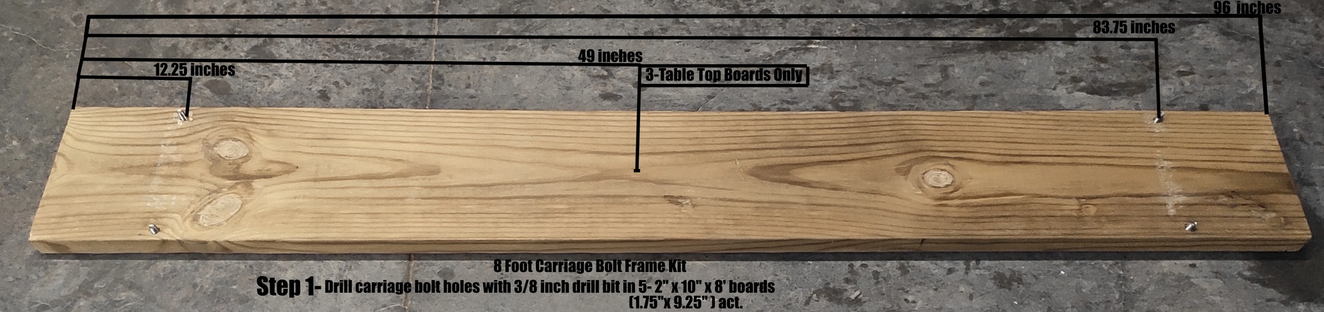 Wooden board with measurements labeled in inches, including 