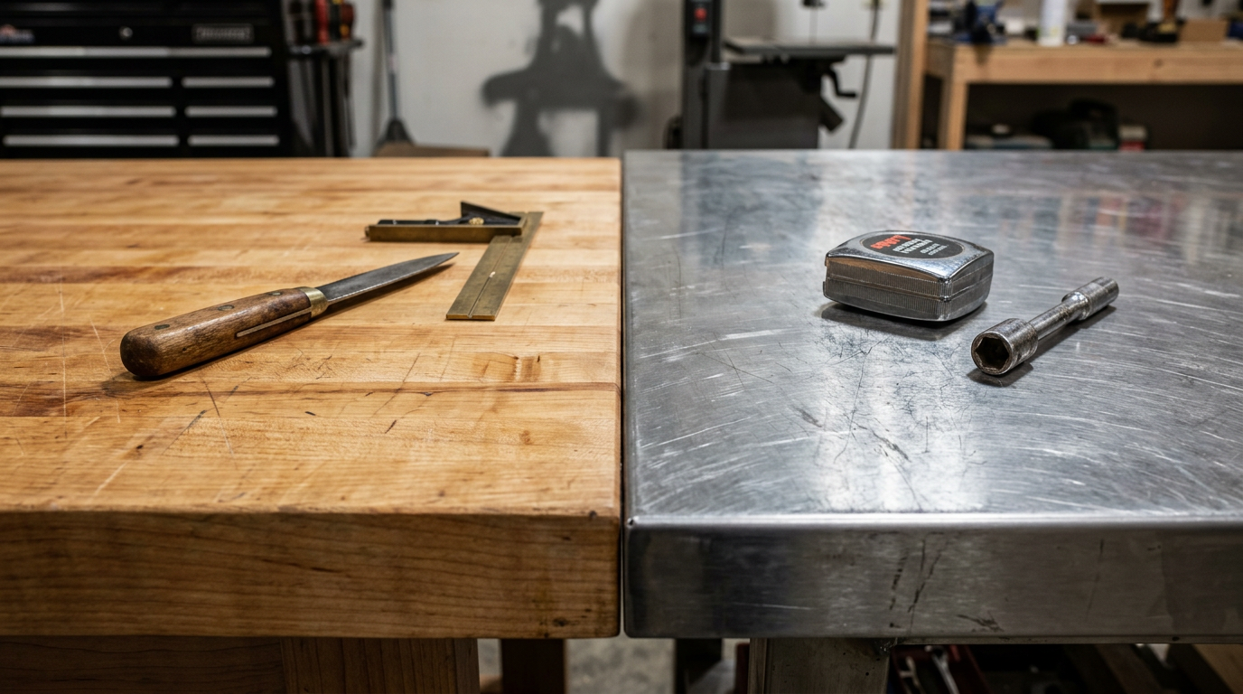 Wooden and metal workbenches with a hammer, tape measure, and screwdriver on top
