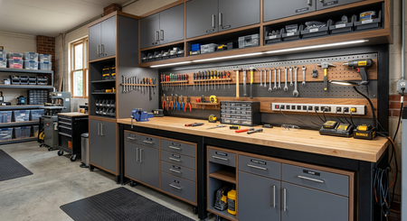 Workshop with a long workbench, tools on pegboards, cabinets, and organized shelves in a garage-style space.