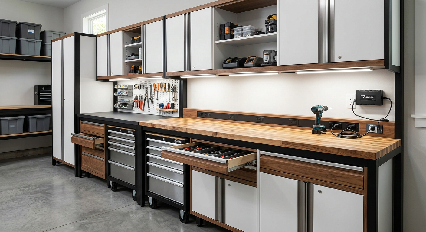 Garage workshop with tool cabinets, pegboard shelves, and a wooden workbench with tools