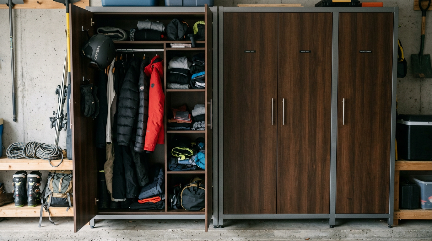 Open wardrobe with hanging coats and shelves beside a closed brown storage cabinet in a room.