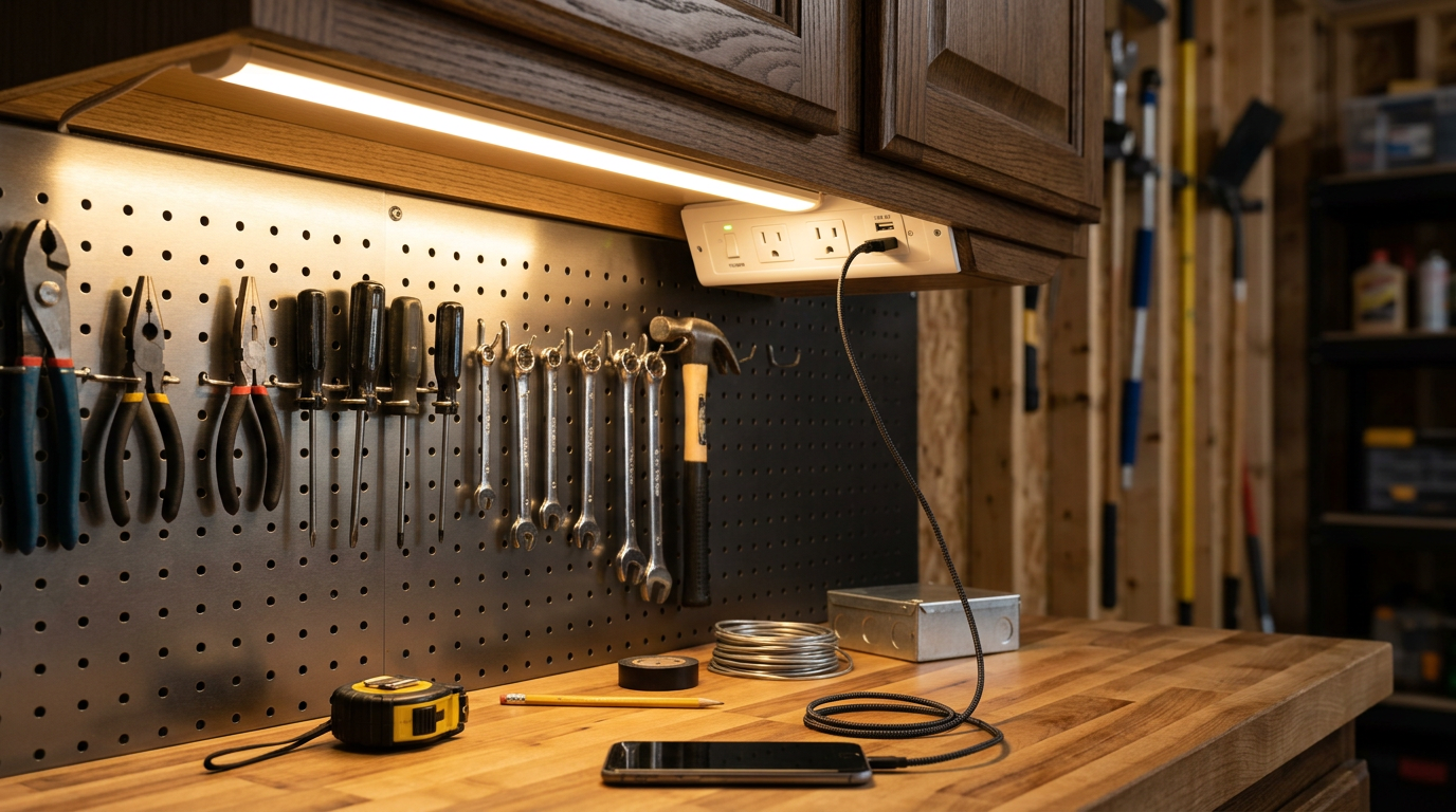 Workshop pegboard with hanging hand tools and a wooden workbench under warm lighting