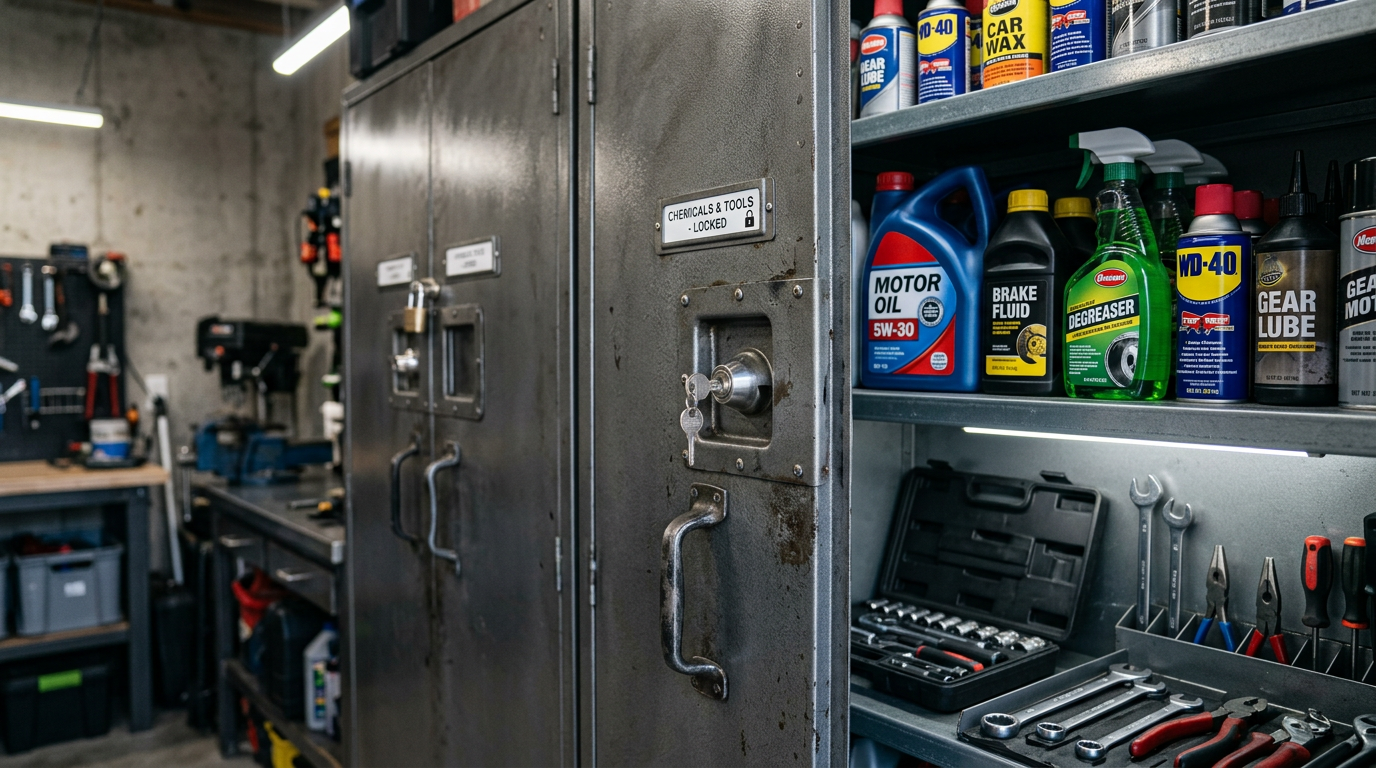 Industrial workshop with metal cabinets, tools, and shelves of cleaning supplies