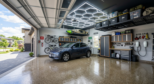 Modern garage with black SUV, wall-mounted bikes, and storage shelves under bright hex ceiling lights